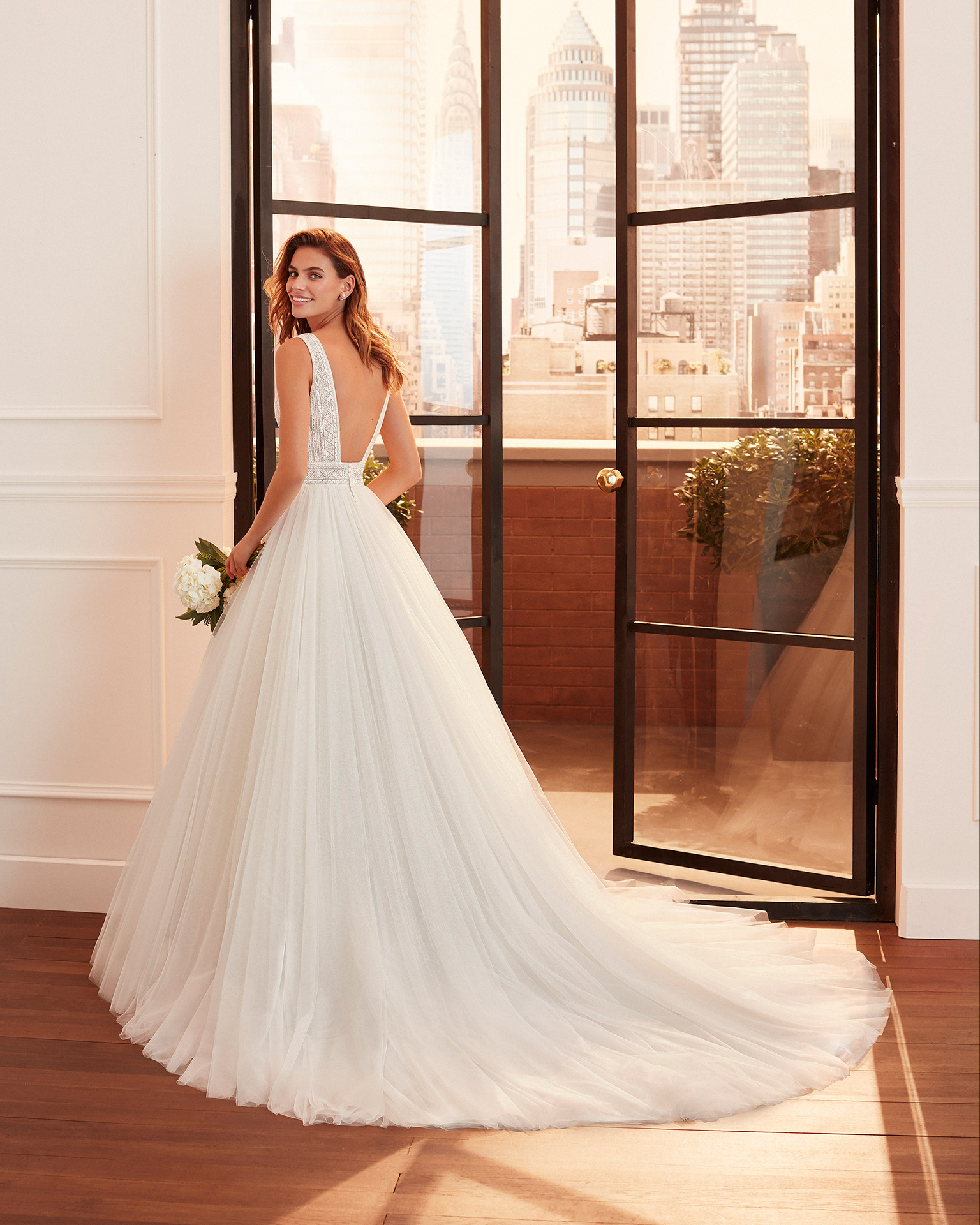 Romantic tulle and lace wedding dress with beading, V-neckline and square back. 2020  Collection.