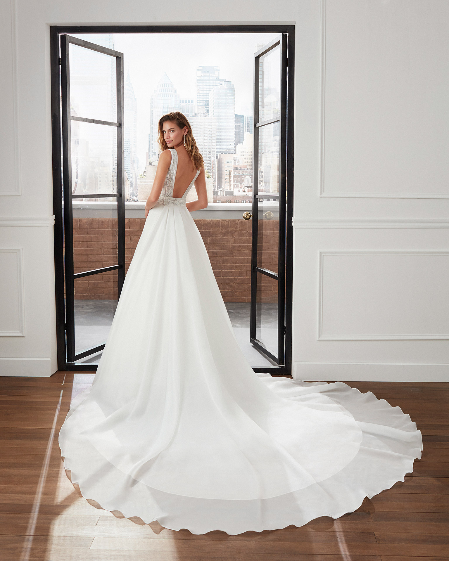 A-line organza and lace wedding dress and train with beading, V-neckline and square back. 2020  Collection.