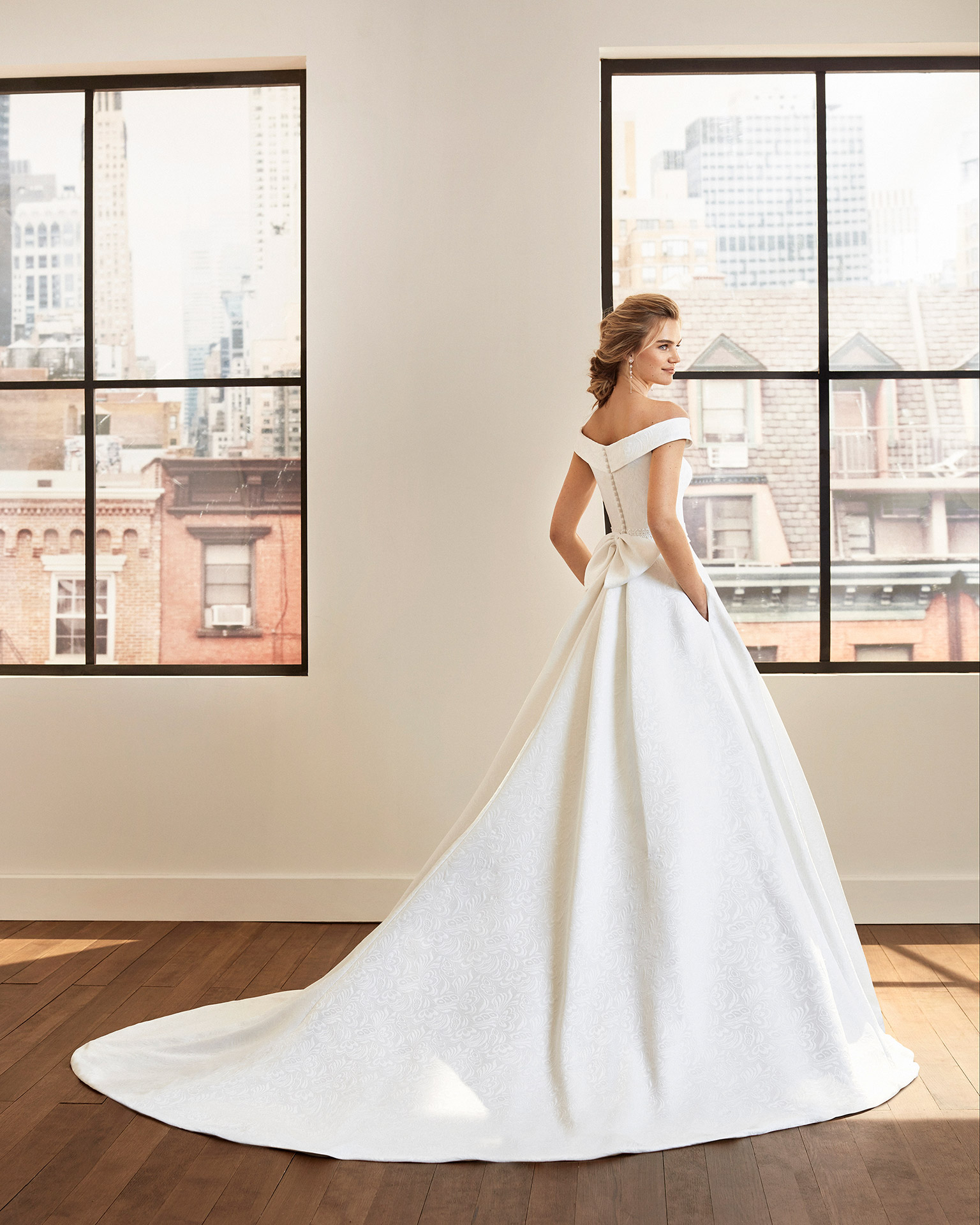 Classic brocade wedding dress and lace belt with off-the-shoulder neckline. 2020  Collection.